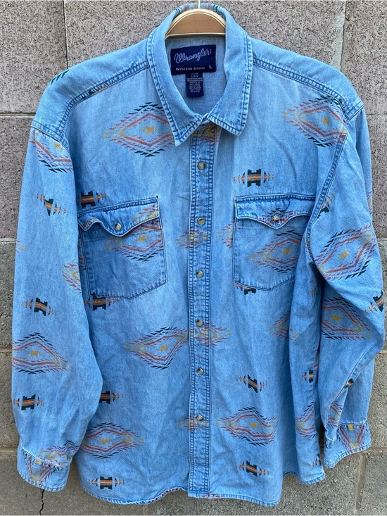 Wrangler Other - Vintage Wrangler Western Pearl Snap Shirt Men's Large Denim Aztec Southwest